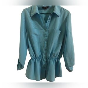 ❤️EUC vintage Notations Aqua 3/4 Length Sleeves Blue Blouse waistband elastic
